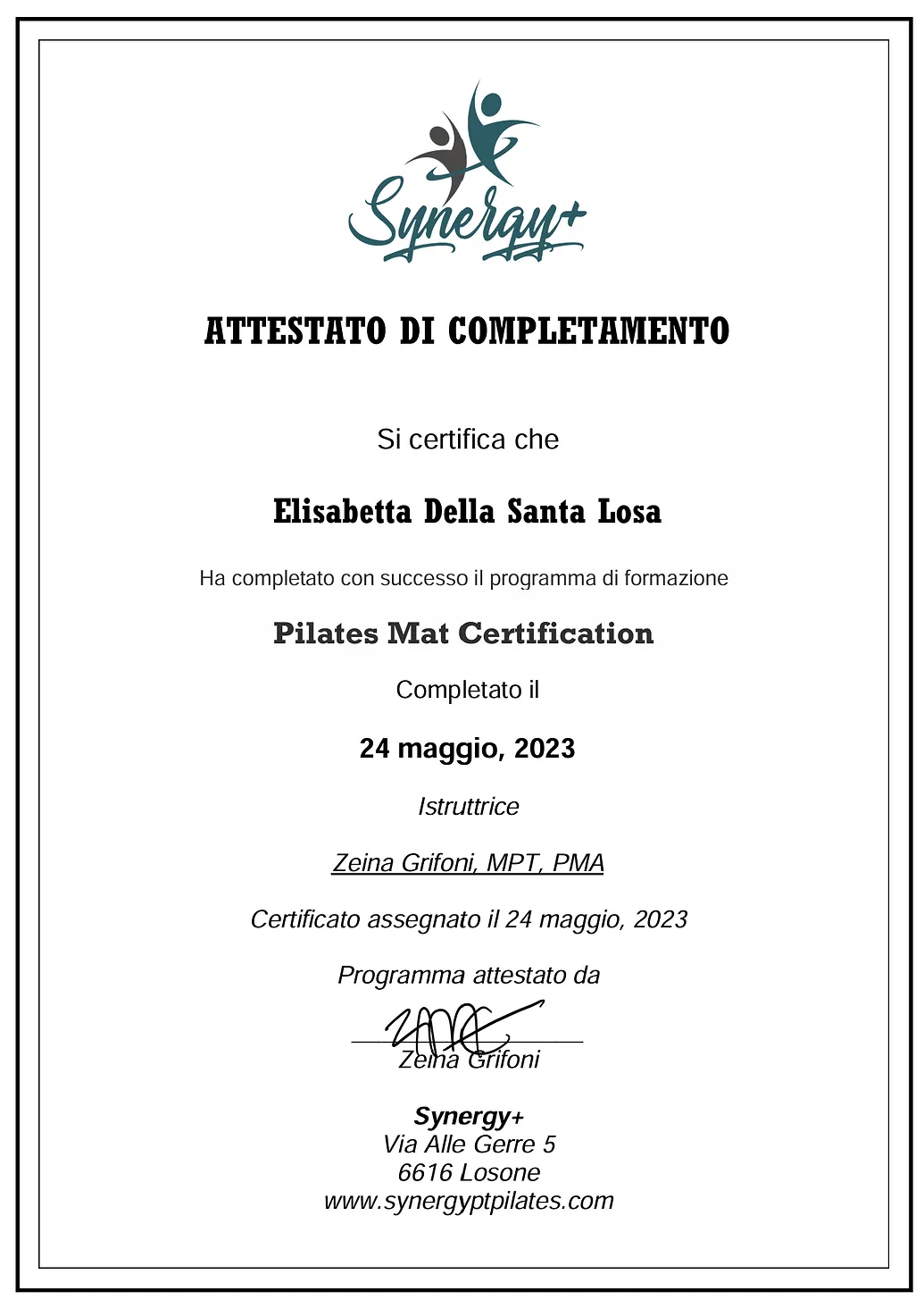 Attestato di completamento Pilates Mat Certification di Elisabetta Della Santa
