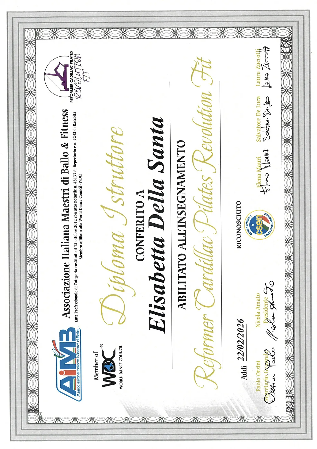 Diploma Istruttore Reformer Cadillac Pilates di Elisabetta Della Santa — MondoPilates Elisa a Tenero
